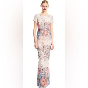 Adrianna Papell Floral Matelassé Column Gown Champagne Multi Size 8 NWT